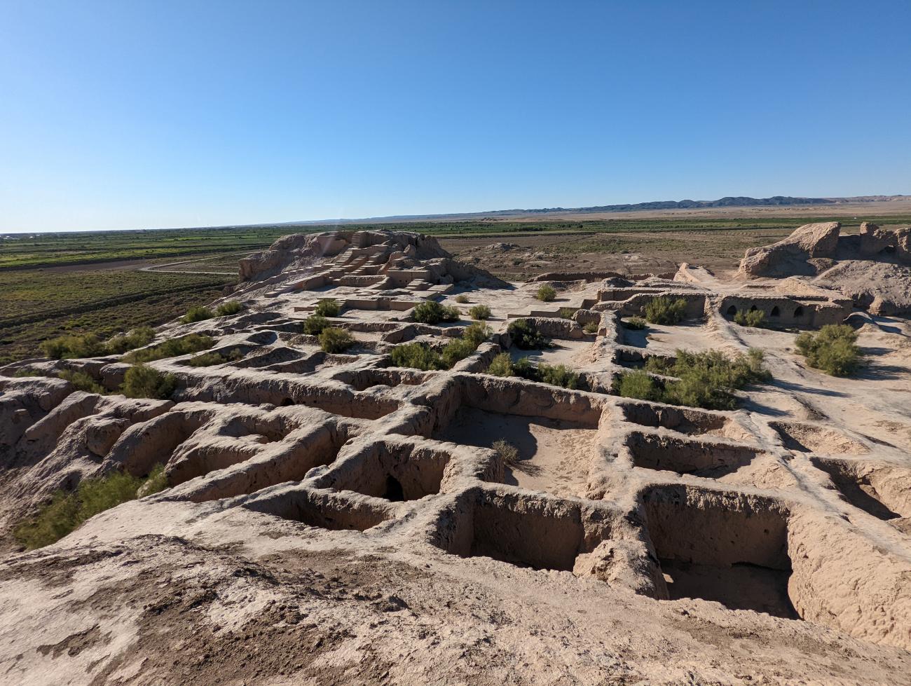 View above a fortress in Karakalpakstan, Uzbekistan called Toprak Kala with view of the clay walls